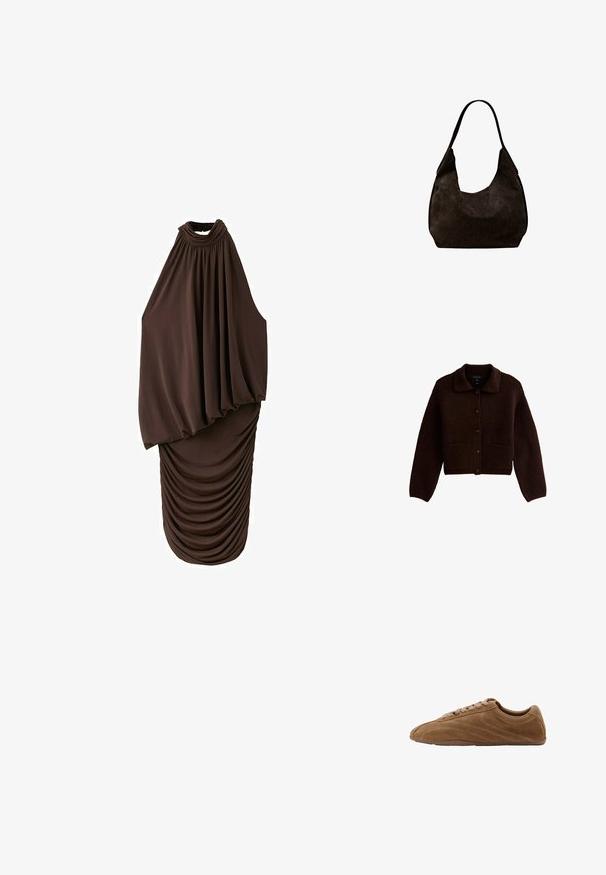 Donkerbruin gebreid vest met lange mouwen, knopen aan de voorkant, twee voorzakken en een puntige kraag.; Mouwloze donkerbruine midi-jurk met hoge halslijn, losjes gedrapeerde top en geplooide aansluitende rok onderaan.; Bruine suède lage sneaker met vetersluiting en dunne rubberen zool, zijaanzicht op een witte achtergrond.; Zachte zwarte suède schoudertas met een enkele brede band en een afgeronde, licht slungelige vorm.