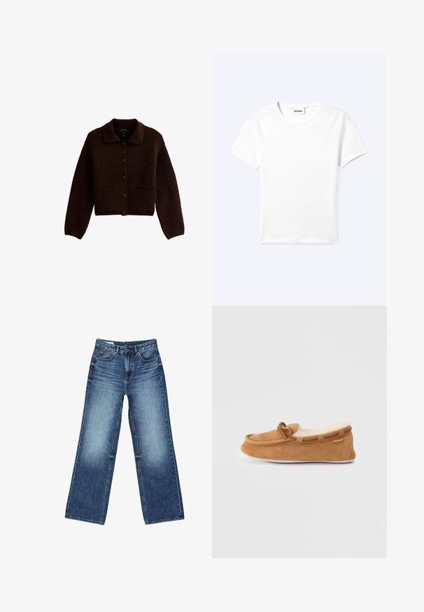 Cardigan tricoté marron foncé avec des manches longues, des boutons sur le devant, deux poches avant et un col pointu.; T-shirt blanc uni à manches courtes et col rond avec une petite étiquette "WEEKDAY" à l'intérieur de l'encolure, présenté à plat sur un fond clair.; Jean denim bleu à jambes larges avec poches avant et poche monnaie, fermeture à boutons, et lavage délavé sur les cuisses et les genoux.; Mocassin en daim marron avec doublure en fausse fourrure, bout rond et détail de nœud décoratif. Présente une semelle en caoutchouc et un contour contrastant.