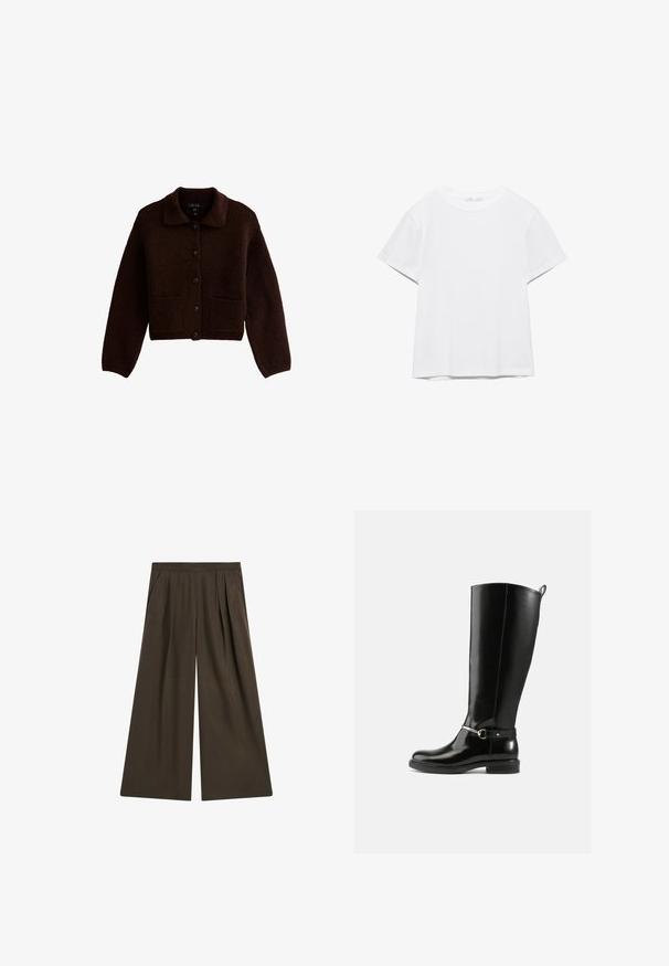 Cardigan tricoté marron foncé avec des manches longues, des boutons sur le devant, deux poches avant et un col pointu.; T-shirt blanc uni à manches courtes et col rond, avec un ourlet droit, présenté sur un fond blanc.; Pantalon large marron foncé avec plis, poches latérales et taille haute, posé à plat sur un fond blanc.; Bottes noires montantes en cuir verni, avec un détail de boucle argentée à la cheville et une conception à bout arrondi. Semelle plate.