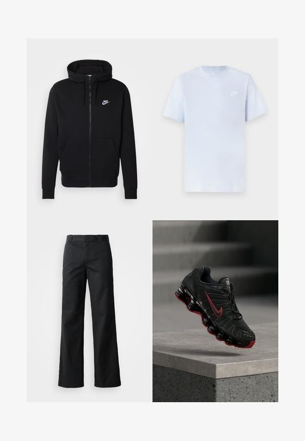 Sudadera negra con cremallera hecha de tela suave, que cuenta con un bolsillo frontal tipo pouch, capucha con cordón y el logotipo blanco de Nike en el pecho.; Camiseta de algodón de color azul claro con mangas cortas, cuello redondo y un logo blanco de Nike impreso en el pecho izquierdo. Textura suave, diseño sencillo.; Pantalones de pierna ancha negros en una tela suave. Cuenta con un cierre de botón, lazos para cinturón y bolsillos laterales. Silueta limpia y ajustada.; Zapatilla deportiva Nike negra y roja con suela visible tipo muelle, equilibrándose en el borde de un escalón de hormigón.