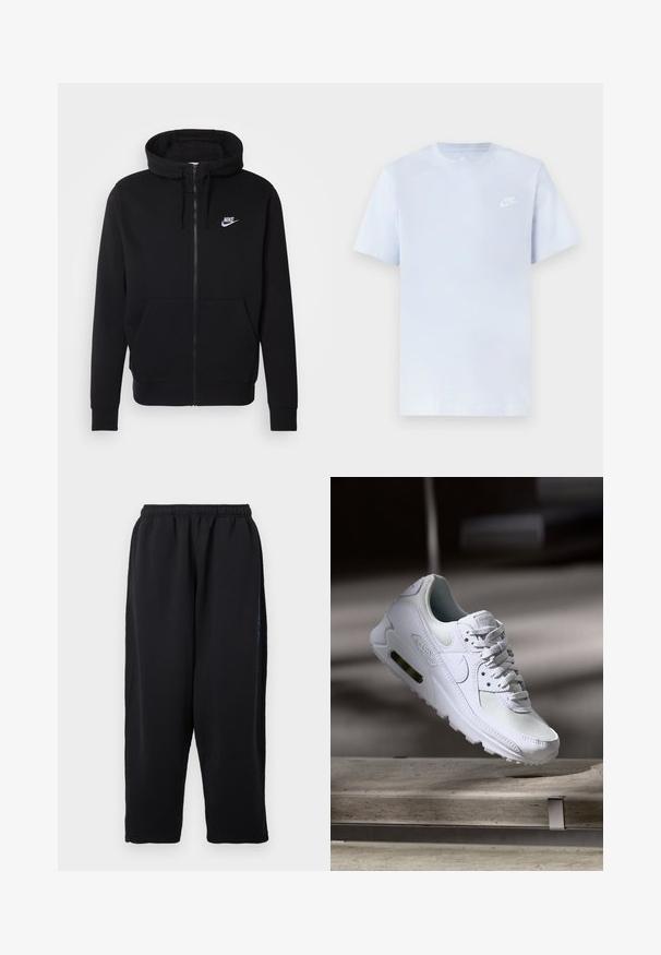 Sudadera negra con cremallera hecha de tela suave, que cuenta con un bolsillo frontal tipo pouch, capucha con cordón y el logotipo blanco de Nike en el pecho.; Camiseta de algodón de color azul claro con mangas cortas, cuello redondo y un logo blanco de Nike impreso en el pecho izquierdo. Textura suave, diseño sencillo.; Pantalones deportivos negros de tela suave, con cintura elástica, piernas anchas y bolsillos laterales con sutiles detalles en azul.; Zapatilla Nike Air Max 90 blanca con parte superior de malla y cuero, caja de puntera perforada y unidad de aire visible en el talón.