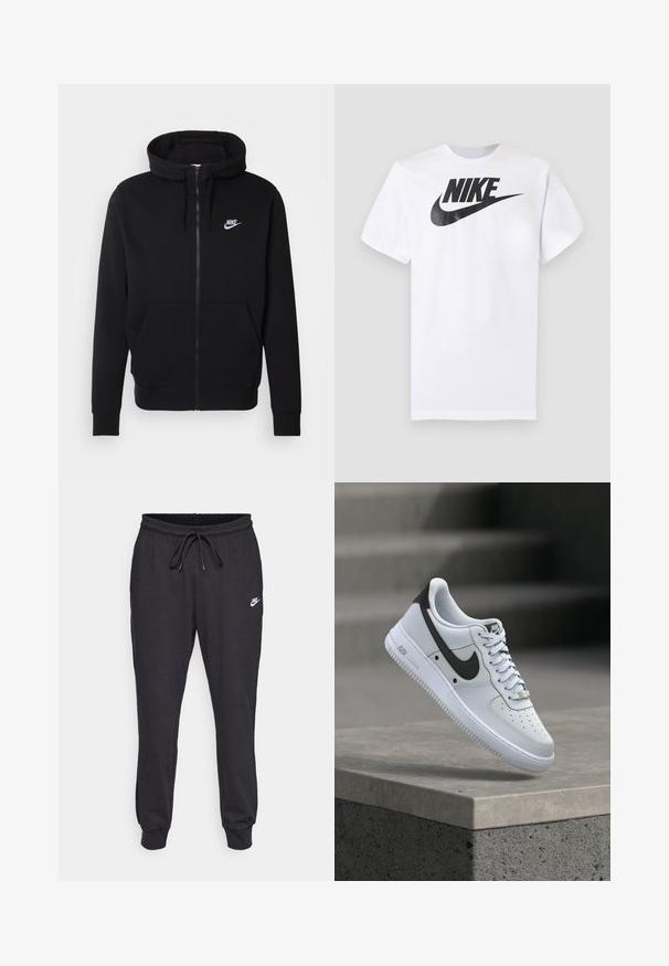 Zwarte rits hoodie van zachte stof, met een voorzak, trekkoord capuchon en wit Nike-logo op de borst.; Wit T-shirt met korte mouwen met zwart Nike-logo en swoosh gecentreerd op de borst tegen een effen grijze achtergrond.; Zwarte joggingsbroek van een katoenmix, met een elastische tailleband en trekkoord, geborduurde enkels en een wit Nike-logo op de dij.; Witte Nike Air Force 1 sneaker met zwart swoosh-logo, zwevend boven een betonnen richel met vervaagde trappen op de achtergrond.