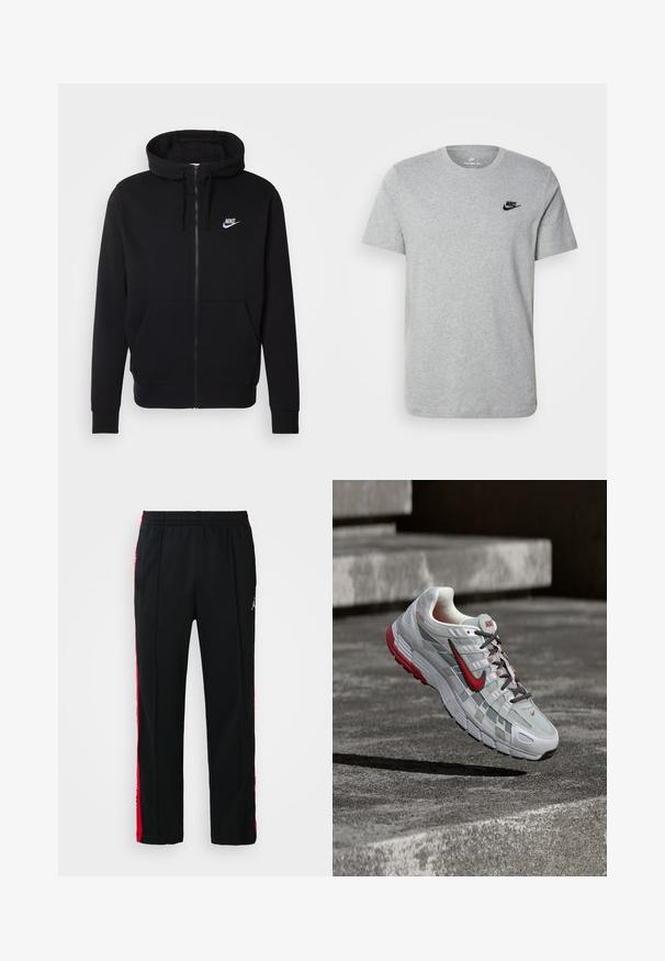 Zwarte rits hoodie van zachte stof, met een voorzak, trekkoord capuchon en wit Nike-logo op de borst.; Grijze T-shirt met korte mouwen van katoen, voorzien van een zwart Nike-logo op de borst en een ronde halslijn. Minimalistisch ontwerp zonder patronen.; Zwarte sportbroek met een elastische tailleband, rode zijkanten en een klein wit Jumpman-logo op het rechterdijbeen.; Witte en grijze Nike hardloopschoen met rode accenten en zwarte veters, hangend boven grijze betonnen treden.