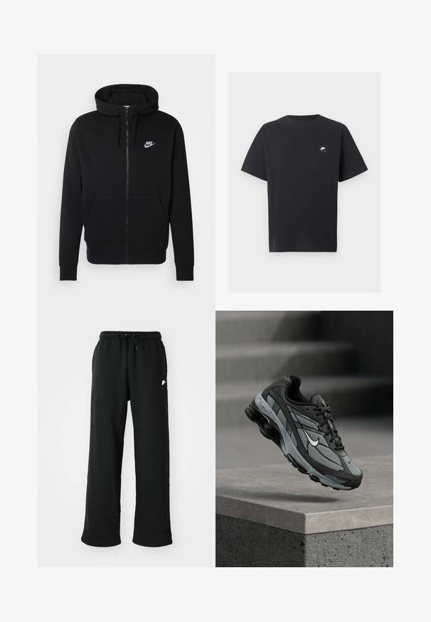 Sudadera negra con cremallera hecha de tela suave, que cuenta con un bolsillo frontal tipo pouch, capucha con cordón y el logotipo blanco de Nike en el pecho.; Camiseta negra de manga corta Nike Air con cuello redondo y pequeño logo blanco en el pecho izquierdo.; Pantalones deportivos negros de tela suave, con una cinturilla elástica y un cordón ajustable, además de un pequeño logo en el lado.; Zapatilla deportiva gris y negra con paneles de malla y suela gruesa, posicionada en el aire sobre un saliente de hormigón con escaleras de fondo.