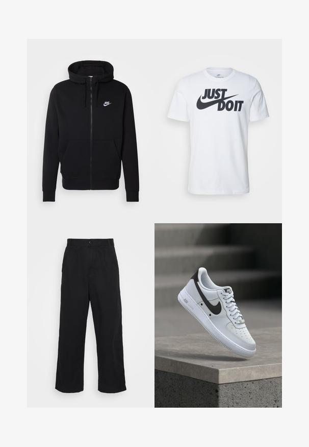 Must have musta kangaga, millel on ees tasku, reguleeritav kapuuts ja valge Nike logo rinnal.; Valge puuvillane T-särk, millel on silmapaistev must "Just Do It" logo ja Nikei suss. Klassikaline ümmargune kaelus ja lühikesed varrukad.; Carhartt WIP COLSTON PANT LENEXA - Püksid - black stone; Valge Nike Air Force 1 toss musta Swoosh logo jaotuses, hõljub betoonserva kohal, kus taustal on hägused trepid.