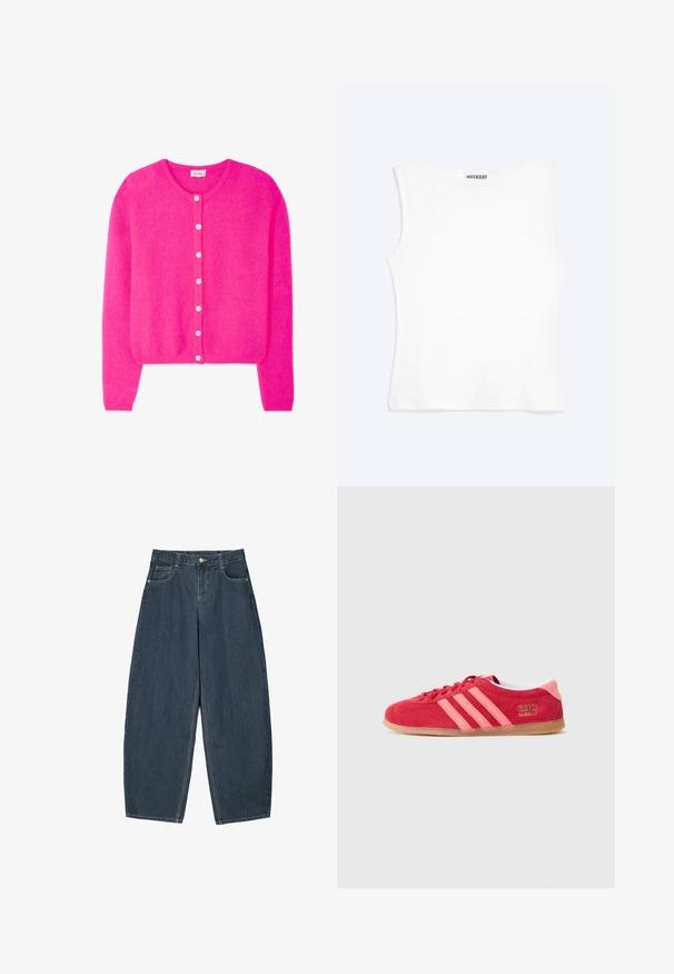Kirkkaan pinkki pitkähiha cardigan pyöreällä pääntiellä ja seitsemällä valkoisella napilla edessä, valmistettu pehmeästä teksturoidusta kankaasta.; Valkoinen vartalonmyötäinen hihaton toppi, jossa pyöreä kaula-aukko ja minimalistinen muotoilu, kauluksen sisäpuolella merkinnällä "WEEKDAY".; Tummansiniset farkut, joissa on leveät lahkeet ja korkea vyötärö. Farkuissa on viisi taskua ja näkyvät ompelusaumat. Siisti, minimalistinen muotoilu.; Punainen mokkainen lenkkarit, joissa on vaaleanpunaiset raidat, kuminahkainen pohja ja kullanväriset logoyksityiskohdat. Mallissa on pyöreävarpainen ja nauhakiinnitys.