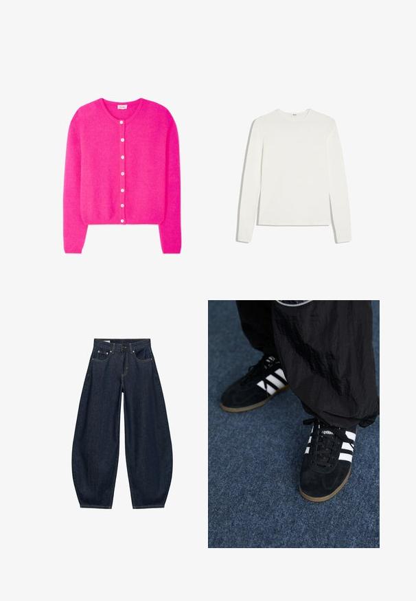 Cardigan à manches longues de couleur rose vif avec un col rond et sept boutons blancs sur le devant, fabriqué en tissu texturé doux.; T-shirt blanc uni à manches longues avec col rond et coupe ajustée, posé à plat sur un fond blanc.; Jean en denim bleu foncé à jambes larges avec poches avant, passants de ceinture et fermeture par bouton à la taille.; Des chaussures de sport en suède noir avec trois rayures blanches et des lacets noirs. Un pantalon noir texturé est partiellement visible à côté des chaussures.