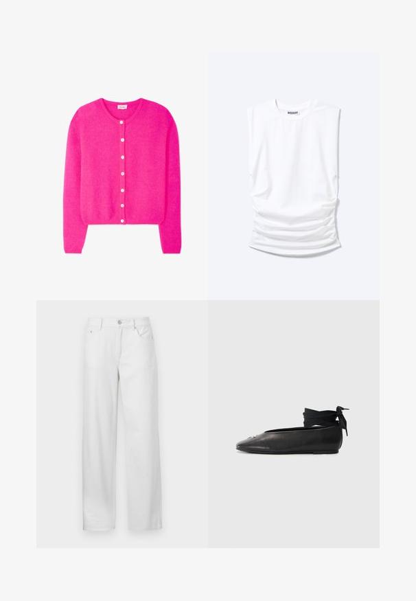 Kirkkaan pinkki pitkähiha cardigan pyöreällä pääntiellä ja seitsemällä valkoisella napilla edessä, valmistettu pehmeästä teksturoidusta kankaasta.; Valkoinen hihaton t-paita pyöreällä pääntiellä, pehmustetuilla harteilla ja rypytetyillä sivuilla, litteänä vaalealla taustalla.; Valkoiset farkuhousut, joissa on rento sovitus, nappi- ja vetoketj closures, vyölenkit ja perinteinen viisi taskua -design.; Mustat nahkakengät, joissa on kärjellinen design, joissa on kudottu kangasnauha nilkassa ja pieni koristeellinen yksityiskohta varpaassa.