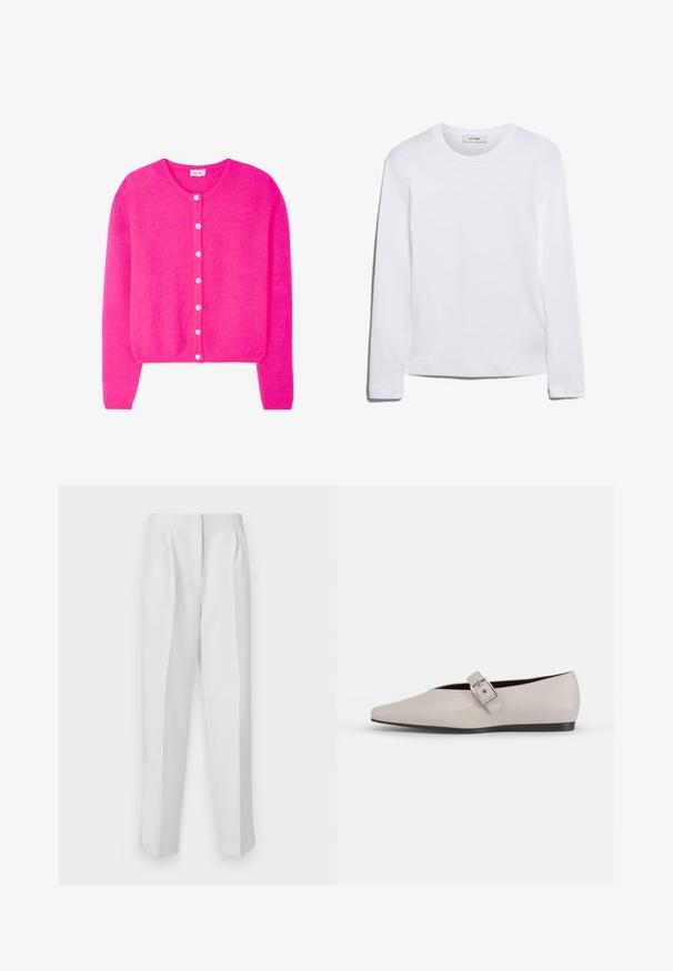 Lyserød cardigan med lange ærmer, rund halsudskæring og syv hvide knapper foran, lavet af blødt struktureret stof.; Langærmet hvid T-shirt lavet af ribbet bomuld, med rund halsudskæring og lige kant. Simpelt design uden mønstre eller accenter.; Hvide skræddersyede bukser med lige pasform, der har foran læg, to sidelommer og en ren talje for et elegant look.; Beige læder flad sko med spidse tæer, en sidelukning som accent og en lav sort sål. Glat tekstur og minimalistisk design.