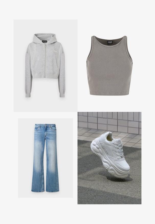 Svetlošedá skrátená mikina s predným zipsom, dvomi bočnými vreckami a manžetami s rebrovaním. Obsahuje vyšívané logo na ľavej hrudnej strane.; Urban Classics CROPPED - Top - steelgrey; Svetlomodré denimové zvonové džínsy so zafarbenou textúrou, vysokým pásom a dizajnom s piatimi vreckami, s uzatváraním na gombík a zips.; Biele kožené tenisky s masívnou podrážkou, textúrovanými detailami a šnurovaním. Obsahujú tvarované akcenty a hladký povrch.