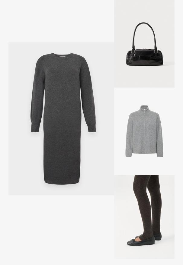 ICHI IHDUCIE CA - Vest - grey melange; Donkergrijze gebreide jurk met lange mouwen, ronde halslijn en geribbelde manchetten. Lengte tot halverwege het been en een gladde stof. Eenvoudig ontwerp zonder patronen.; Benen met donkere geribbelde leggings gecombineerd met zwarte ballerina's met kleine strikdetails op een witte achtergrond.; Zwarte leren handtas met een rechthoekige vorm, voorzien van een enkele gestructureerde handgreep, zilveren hardware en ritsluiting. Gladde textuur.