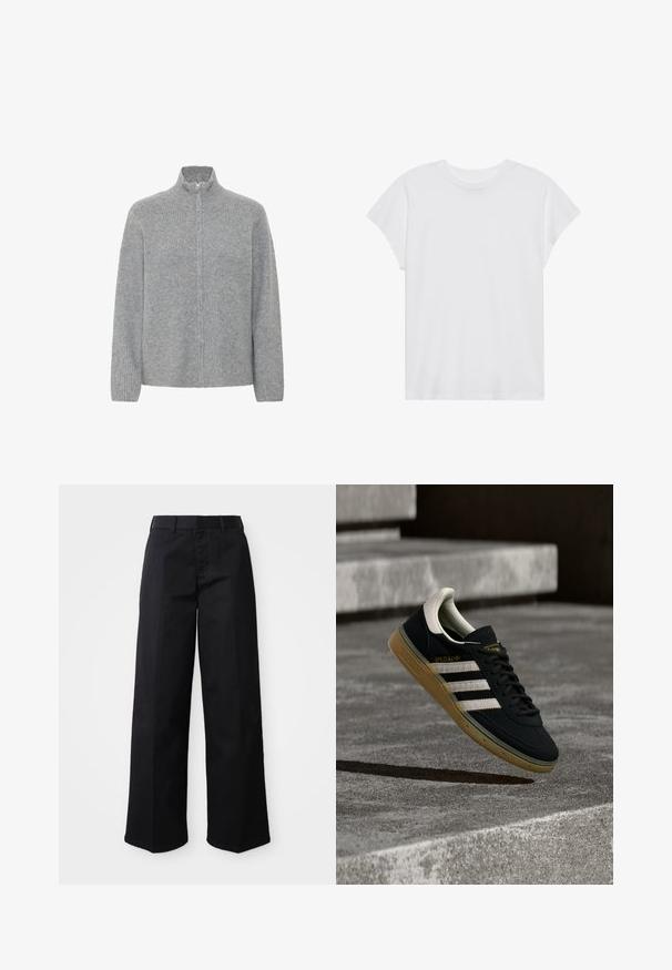 ICHI IHDUCIE CA - Vest - grey melange; Witte t-shirt met korte mouwen, ronde hals, relaxte pasvorm, gemaakt van zacht katoen. Glad textuur, geen patronen of logo's.; Zwarte wijde broek van zacht katoen. Voorzien van een klassieke tailleband, zijzakken en een rechte snit naar de zoom.; Zwarte suède sneaker met witte strepen en goud logo, voorzien van een gestructureerde gum rubberen zool en een contrasterende crème hielkap.