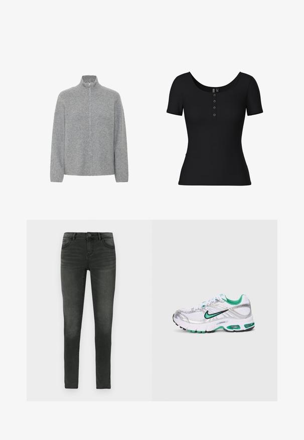 ICHI IHDUCIE CA - Cardigan - grey melange; Sort ribbet kortærmet top med en rund halsudskæring og fem-knap lukning. Har en tætsiddende pasform og en glat tekstur.; Slim-fit sorte jeans lavet af denim med en let slidt finish, der har fem lommer, en knaplukning i taljen og bæltestropper.; Nike løbesko i hvid, sølv og grøn. Har mesh- og syntetiske materialer, polstret krave og en polstret sål med synlige luftenheder.