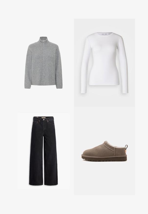 ICHI IHDUCIE CA - Chaqueta de punto - grey melange; Camisa blanca de manga larga hecha de tela acanalada, con un cuello redondo y una forma ajustada. No presenta patrones ni detalles.; Jeans de pierna ancha negros hechos de denim, con cinco bolsillos, remaches de cobre y un cierre clásico de botón. Textura suave con un diseño limpio.; Zapatilla baja de ante topo con forro de lana blanca, suela de goma oscura y tira para tirar en el talón, mostrada de lado sobre fondo blanco.