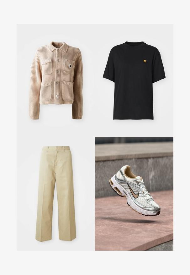 Veste en tricot côtelé beige avec un col, deux poches poitrine et des boutons argentés. Présente un tissu texturé et un patch logo sur la poche.; T-shirt en coton noir à coupe décontractée. Présente un col rond et des manches courtes. Comprend un petit logo doré brodé sur la poitrine.; Pantalons beige à jambes larges en coton avec une texture lisse. Présentent une coupe droite, des passants de ceinture et des poches avant.; Chaussure de course Nike blanche et argentée avec un logo Swoosh beige, montrée en suspension au-dessus d'une surface en pierre avec un mur gris flou en arrière-plan.