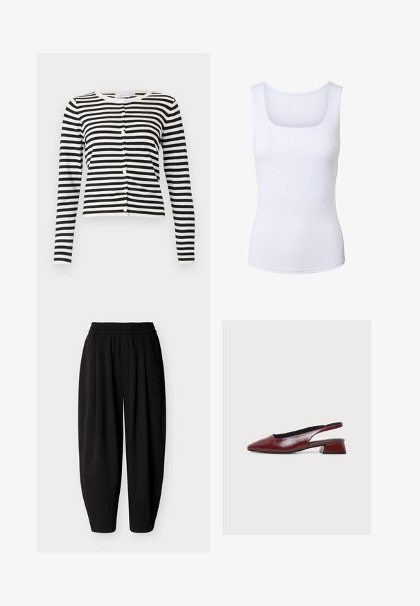 Stribet cardigan i sort og hvid med lange ærmer, rund halsudskæring, knaplukning foran og blødt strikket tekstur.; Hvid ærmeløs tanktop med firkantet halsudskæring, tætsiddende silhuet og glat stoftekstur.; Sorte løstsiddende bukser med elastisk talje og sidelommer, tilspidsede ved anklerne.; Bordeauxrød læder slingback-sko med spids tå og lav blokhæl, vist fra siden på hvid baggrund.
