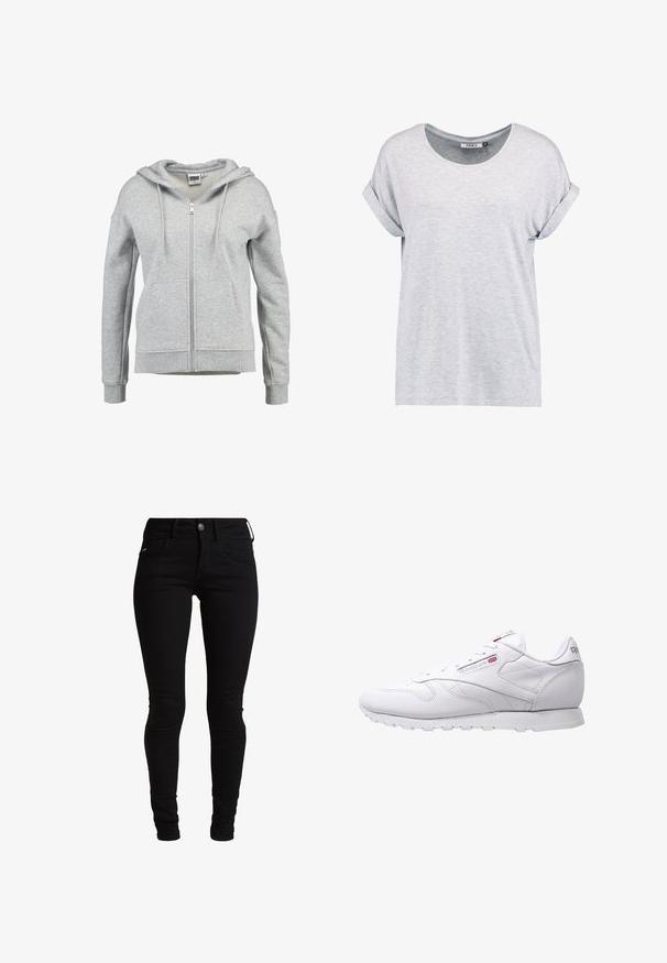 Sudadera con capucha y cremallera en gris claro, con bolsillos delanteros, capucha con cordón y puños y dobladillo acanalados, mostrada sobre un fondo blanco.; Camiseta de manga corta en gris claro, con cuello redondo y puños enrollados, fabricada en tejido suave, con un corte holgado y un diseño minimalista.; Jeans skinnies negros de denim, con un diseño clásico de cinco bolsillos, trabillas para el cinturón y cierre frontal con botón. Textura suave y elástica.; Zapatillas deportivas blancas con parte superior de cuero suave, puntera redondeada y suela de goma texturizada. Presentan un sutil logo en el lateral y en la lengüeta.