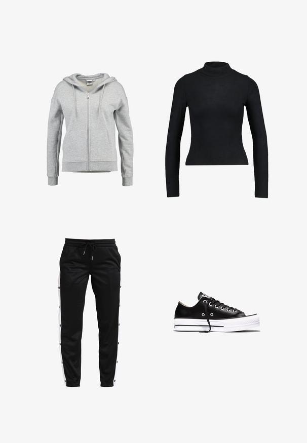 Lichtgrijze hoodie met rits, voorzakken, capuchon met trekkoord en geribde boorden en zoom, afgebeeld op een witte achtergrond.; Zwart langemouwen turtleneck top gemaakt van ribbelstof, met een aansluitend ontwerp en slanke silhouette. Geen patronen of accenten.; Zwarte sportbroek met witte zijkanten, met drukknopdetails langs de buitenste naden en een verstelbare trekkoord in de taille.; Zwarte lage sneaker met witte rubberen zool, zwarte veters en zilveren veterogen, zijaanzicht op een witte achtergrond.