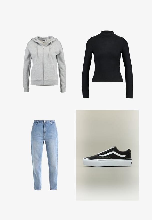 Sudadera con capucha y cremallera en gris claro, con bolsillos delanteros, capucha con cordón y puños y dobladillo acanalados, mostrada sobre un fondo blanco.; Top negro de manga larga y cuello alto, hecho de tela acanalada, con un diseño ajustado y silueta esbelta. Sin patrones ni acentos.; Jeans de mezclilla azul claro con cintura alta, pierna ajustada, cinco bolsillos y cierre de botón metálico clásico. Textura sutilmente desgastada en todo su diseño.; Zapatilla deportiva negra de corte bajo con raya lateral blanca, cordones blancos, suela de goma blanca y puntera texturizada sobre fondo neutro.