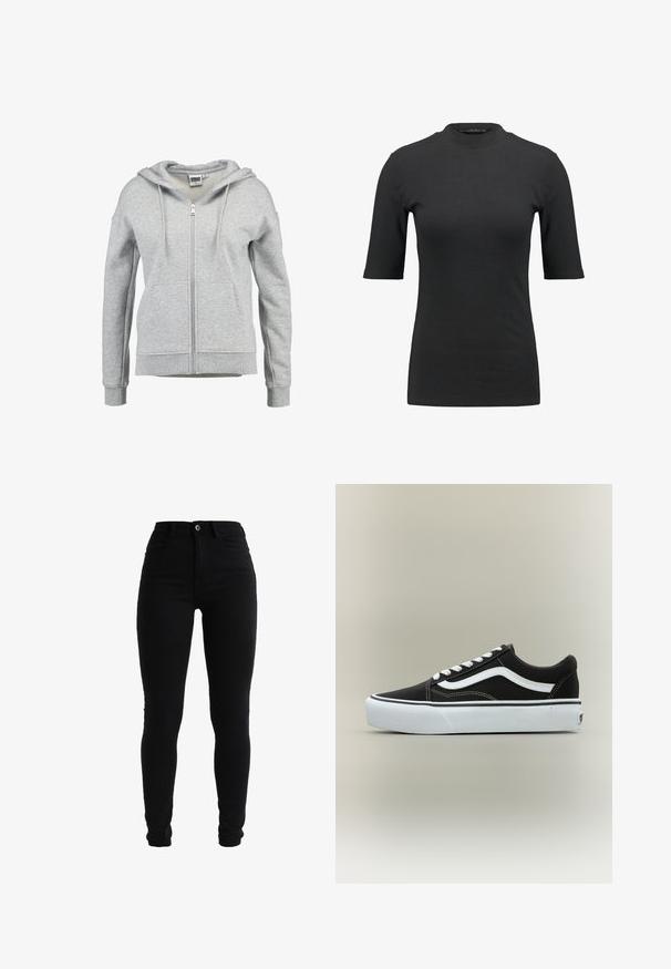 Sudadera con capucha y cremallera en gris claro, con bolsillos delanteros, capucha con cordón y puños y dobladillo acanalados, mostrada sobre un fondo blanco.; Camiseta negra de canalé con un cuello alto y mangas cortas. Diseño liso y ajustado sin patrones ni detalles de hardware visibles.; Jeans skinny de talle alto en negro, fabricados en denim, con cierre de botón en la parte delantera, diseño de cinco bolsillos y una textura suave.; Zapatilla deportiva negra de corte bajo con raya lateral blanca, cordones blancos, suela de goma blanca y puntera texturizada sobre fondo neutro.