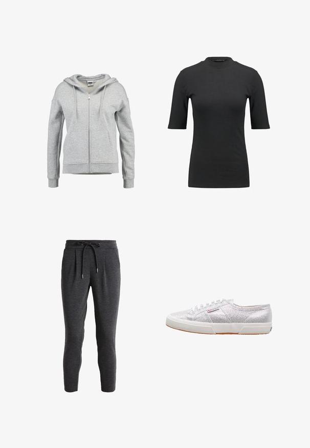 Sudadera con capucha y cremallera en gris claro, con bolsillos delanteros, capucha con cordón y puños y dobladillo acanalados, mostrada sobre un fondo blanco.; Camiseta negra de canalé con un cuello alto y mangas cortas. Diseño liso y ajustado sin patrones ni detalles de hardware visibles.; Pantalones de chándal taperados en gris oscuro con cintura ajustable, frente plisado, textura suave y diseño hasta el tobillo. Adecuados para el uso casual.; Zapatillas plateadas con purpurina y suela de goma blanca, con puntera redonda, diseño de cordones y un parche con el logo en el lateral.