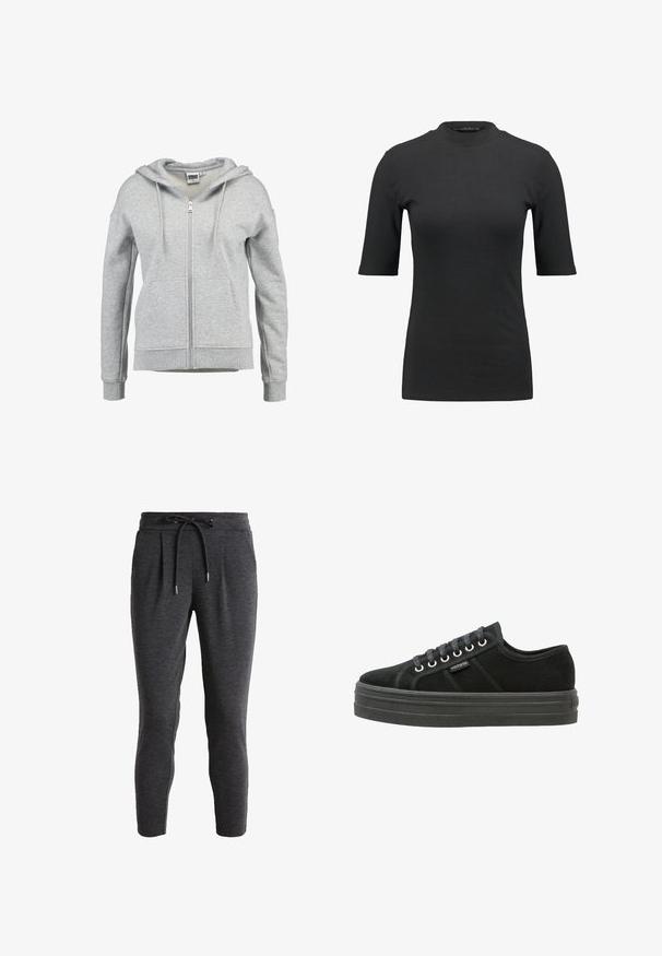 Sudadera con capucha y cremallera en gris claro, con bolsillos delanteros, capucha con cordón y puños y dobladillo acanalados, mostrada sobre un fondo blanco.; Camiseta negra de canalé con un cuello alto y mangas cortas. Diseño liso y ajustado sin patrones ni detalles de hardware visibles.; Pantalones de chándal taperados en gris oscuro con cintura ajustable, frente plisado, textura suave y diseño hasta el tobillo. Adecuados para el uso casual.; Zapatillas de lona negras con suela de goma negra gruesa, puntera redonda y detalles en encaje gris. Etiqueta de la marca situada en el lateral.