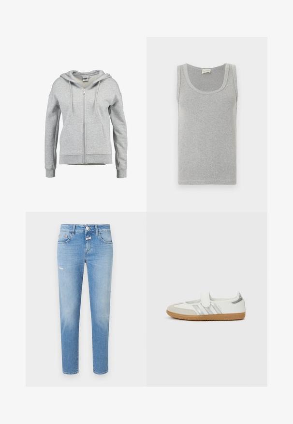Sudadera con capucha y cremallera en gris claro, con bolsillos delanteros, capucha con cordón y puños y dobladillo acanalados, mostrada sobre un fondo blanco.; Camiseta sin mangas de color gris claro con textura acanalada, escote redondo y pequeño logo bordado cerca del dobladillo.; Jeans de denim azul claro con un ajuste slim, que cuentan con un cierre de botón, ligero desgaste y diseño tradicional de cinco bolsillos.; Zapatilla blanca con rayas plateadas, puntera de ante y tira de velcro. Suela de goma perfilada color caramelo. Diseño minimalista con acabado liso.
