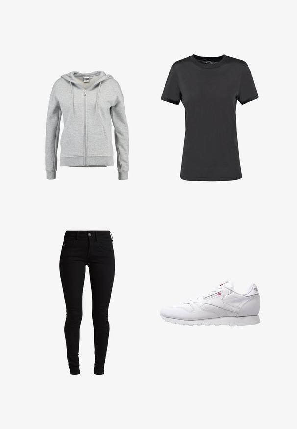 Sudadera con capucha y cremallera en gris claro, con bolsillos delanteros, capucha con cordón y puños y dobladillo acanalados, mostrada sobre un fondo blanco.; Camiseta de manga corta negra, hecha de tela suave. Presenta un cuello redondo sin patrones ni acentos visibles, ofreciendo un diseño sencillo.; Jeans skinnies negros de denim, con un diseño clásico de cinco bolsillos, trabillas para el cinturón y cierre frontal con botón. Textura suave y elástica.; Zapatillas deportivas blancas con parte superior de cuero suave, puntera redondeada y suela de goma texturizada. Presentan un sutil logo en el lateral y en la lengüeta.