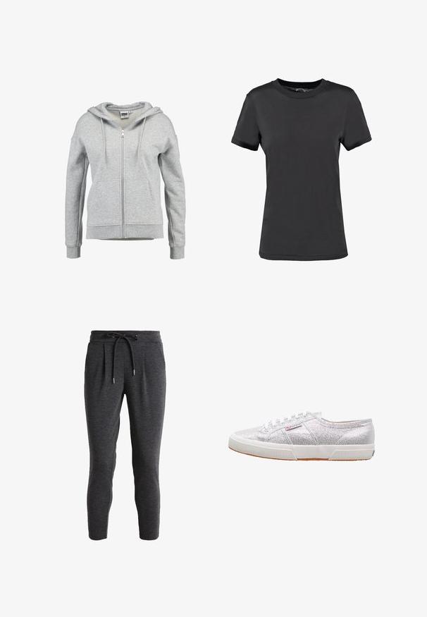 Lichtgrijze hoodie met rits, voorzakken, capuchon met trekkoord en geribde boorden en zoom, afgebeeld op een witte achtergrond.; Zwarte korte mouwen t-shirt gemaakt van een gladde stof. Heeft een ronde hals zonder zichtbare patronen of accenten, wat zorgt voor een eenvoudig ontwerp.; Donkergrijze tapering sweatpants met een trekkoord in de taille, geplooide voorkant, zachte textuur en een enkellang ontwerp. Geschikt voor casual kleding.; Zilveren glitter sneakers met een witte rubberen zool, voorzien van een ronde neus, vetersluiting en een logo-patch aan de zijkant.