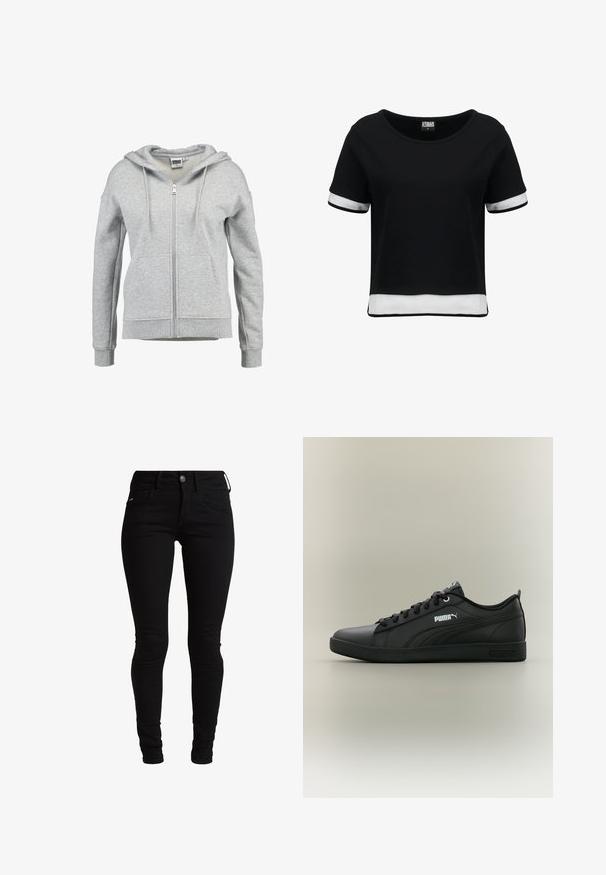 Hellgrauer Kapuzenpullover mit Reißverschluss, Fronttaschen, Kordelzug an der Kapuze sowie gerippten Bündchen und Saum, gezeigt vor weißem Hintergrund.; Schwarzes, kurzes T-Shirt mit kurzen Ärmeln, das weiße Mesh-Details an den Ärmeln und dem Saum aufweist. Glattes Material; runder Halsausschnitt.; Schwarze Skinny-Jeans aus Denim, mit einem klassischen Fünf-Taschen-Design, Gürtelschlaufen und einem vorderen Knopfverschluss. Gelenkiger, dehnbarer Stoff.; Schwarzer flacher Puma-Sneaker mit Schnürsenkeln, seitlichem Logo und strukturierter Sohle auf neutralem Hintergrund, von der Außenseite gezeigt.