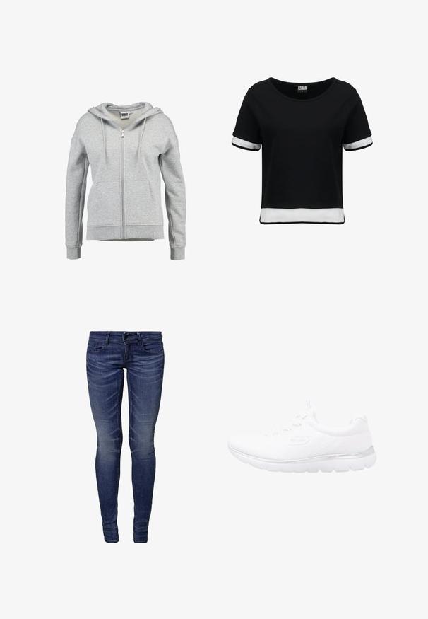 Sudadera con capucha y cremallera en gris claro, con bolsillos delanteros, capucha con cordón y puños y dobladillo acanalados, mostrada sobre un fondo blanco.; Camiseta negra corta con mangas cortas, que presenta detalles de malla blanca en las mangas y el dobladillo. Tela suave; escote redondeado.; Jeans ajustados de color azul hechos de mezclilla. Cuentan con un cierre de cremallera, bolsillos frontales y un ligero desvanecimiento a lo largo de los muslos. Textura suave.; Zapatilla deportiva blanca con parte superior de punto texturizado, un acento plateado en la suela y una suela de goma flexible para mayor comodidad y soporte.