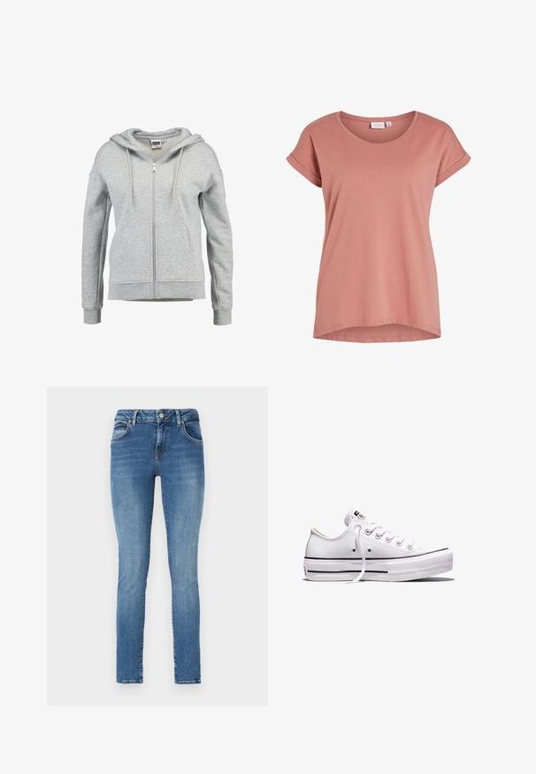 Sudadera con capucha y cremallera en gris claro, con bolsillos delanteros, capucha con cordón y puños y dobladillo acanalados, mostrada sobre un fondo blanco.; Camiseta rosa de mujer con mangas cortas, cuello redondo y bordes de las mangas remangados, diseño sencillo y dobladillo ligeramente curvado.; Jeans ajustados de denim azul con acabado desgastado, que cuentan con cinco bolsillos, trabillas para el cinturón y un cierre de cremallera con botón.; Zapatilla blanca de lona de corte bajo con cordones blancos, suela de goma, detalles de rayas negras y parche de logo en la lengüeta y el talón.