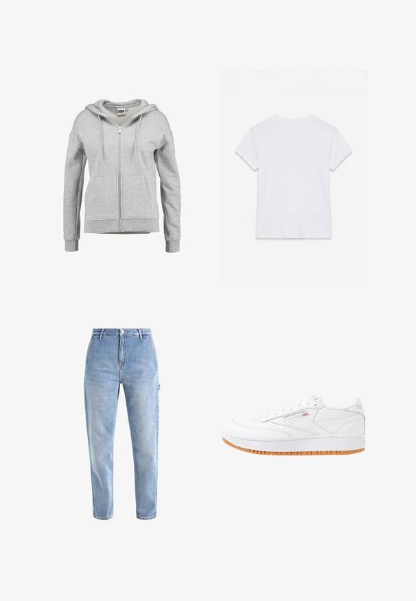 Sudadera con capucha y cremallera en gris claro, con bolsillos delanteros, capucha con cordón y puños y dobladillo acanalados, mostrada sobre un fondo blanco.; Camiseta blanca lisa de algodón de manga corta y cuello redondo, colocada plana sobre un fondo blanco.; Jeans de mezclilla azul claro con cintura alta, pierna ajustada, cinco bolsillos y cierre de botón metálico clásico. Textura sutilmente desgastada en todo su diseño.; Zapatillas blancas de cuero con suela de goma, detalles de costura y caja de dedos perforada. Cuenta con un logo en el costado y en el talón.