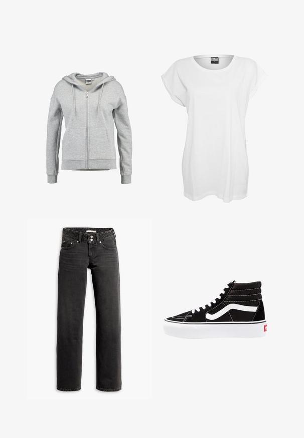 Sudadera con capucha y cremallera en gris claro, con bolsillos delanteros, capucha con cordón y puños y dobladillo acanalados, mostrada sobre un fondo blanco.; Camiseta blanca de manga corta hecha de algodón, con un corte relajado, cuello ancho y un diseño minimalista sin patrones ni adornos.; Jeans negros de pierna recta con bolsillos delanteros y traseros, trabillas para cinturón y cierre de doble botón en la cintura.; Zapatillas altas negras con cordones blancos, un logo blanco y costuras en blanco que contrastan. Presentan una suela blanca gruesa y una parte superior de ante texturizado.