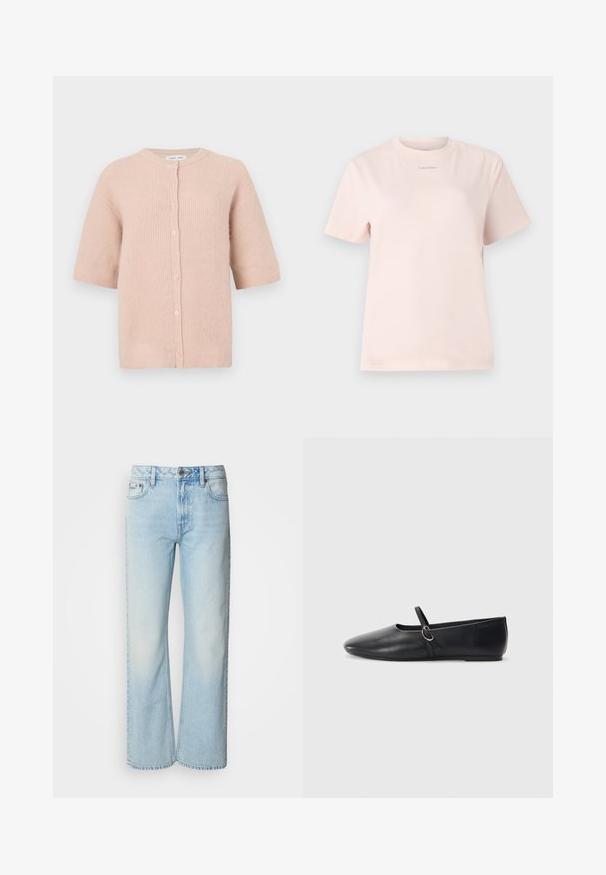 Korte mouwen cardigan in zachtroze breiwerk, met een ronde halslijn en een rij knopen aan de voorkant, met een licht gestructureerde afwerking.; Lichtroze katoenen t-shirt met een ronde hals, korte mouwen, en een klein "Calvin Klein" logo gedrukt in een bijpassende kleur op de borst.; Lichtblauwe wijde jeans van denim, voorzien van een klassiek vijf-pocket ontwerp en een subtiele vervaagde textuur. Denimstiksels zijn zichtbaar.; Zwarte leren balletschoenen met een spitse neus, platte zool en een kleine strap met een zilveren gespsluiting.