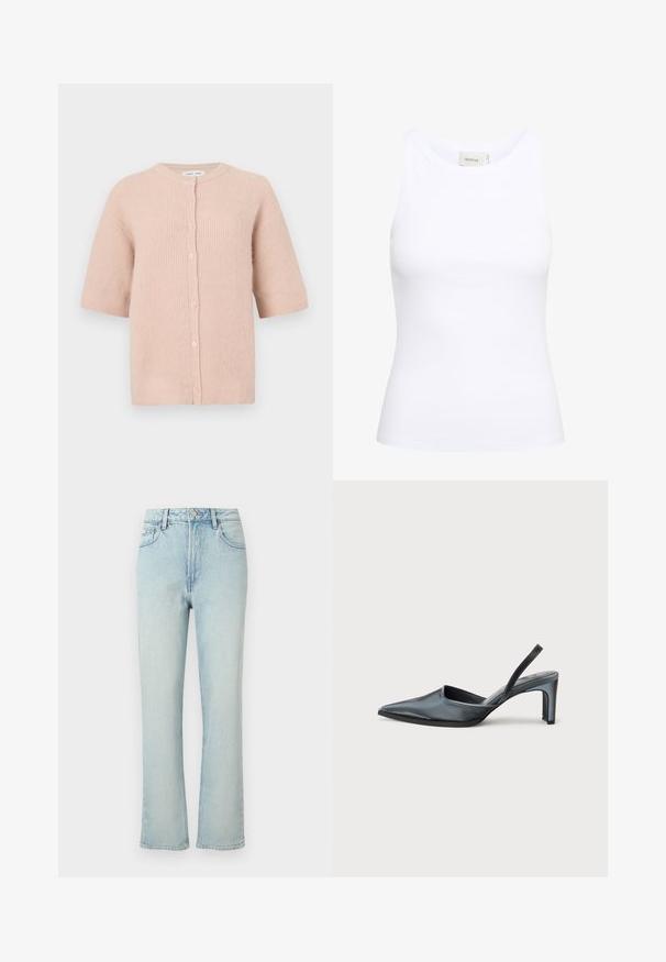 Kurze Strickjacke aus weichem pinkem Material mit Rundhalsausschnitt und einer Reihe von Knöpfen auf der Vorderseite, mit einer leicht strukturierten Oberfläche.; Weißes, geripptes Tanktop mit Rundhalsausschnitt und ohne Ärmel. Elastisches Material und figurbetontes Design. Das Etikett auf der Rückseite trägt die Aufschrift "GESTUZ."; Hellblaue Jeans mit hoher Taille und geradem Bein, vorne mit Knopf, Gürtelschlaufen und klassischem Fünf-Taschen-Design auf einfarbigem Hintergrund.; Schwarzer Slingback-Absatz mit spitzem Zehenbereich, eleganter Satinoptik und schlankem 7,5 cm Absatz. Offenes Seitendesign mit minimalen Nahtdetails.