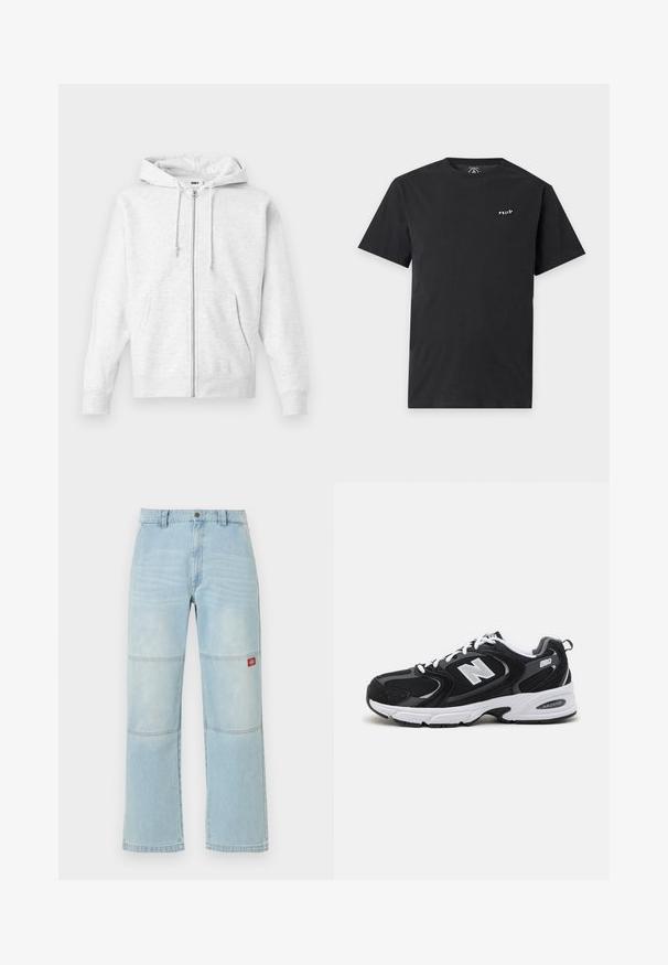Sudadera con cremallera de color gris claro, fabricada en un tejido suave. Cuenta con capucha con cordón, dos bolsillos frontales y puños acanalados, con un logo sutil en el pecho.; Camiseta negra de manga corta con cuello redondo y pequeño logo blanco "Volcom" en el pecho izquierdo, mostrada sobre un fondo liso gris claro.; Vaqueros de mezclilla azul claro de pierna ancha con detalles en el panel de la rodilla y un pequeño parche rectangular de logo rojo en el muslo derecho.; Zapatillas deportivas en negro y gris con parte superior de malla y ante, que cuentan con una entresuela blanca, cordones y un llamativo logo "N" en el lateral.