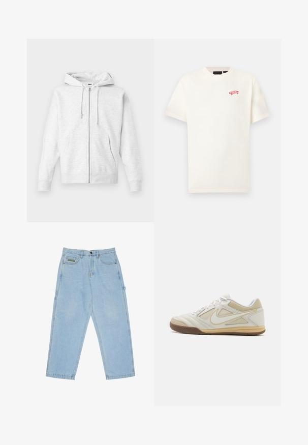Sudadera con cremallera de color gris claro, fabricada en un tejido suave. Cuenta con capucha con cordón, dos bolsillos frontales y puños acanalados, con un logo sutil en el pecho.; Camiseta blanca de algodón con mangas cortas y cuello redondo, que presenta un pequeño gráfico rojo de una patineta en el pecho izquierdo. Textura suave.; Vaqueros de carpintero de mezclilla azul claro con ajuste holgado, cinco bolsillos, presillas para cinturón y un pequeño parche de marca en el bolsillo delantero derecho.; Zapatilla deportiva blanca con parte superior texturizada, detalles en gris, diseño de cordones y suela de goma color marrón. Presenta un logotipo distintivo en el lateral.