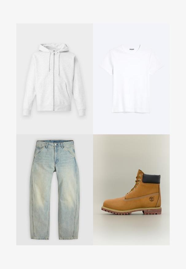 Lysegrå zip-up hoodie lavet af blødt stof. Har hætte med snoretræk, to frontlommer og ribbede manchetter, samt et diskret logo på brystet.; Enkelt hvid T-shirt med korte ærmer og rund hals med synligt WEEKDAY-mærke i kraven, vist på en lys baggrund.; Lys blå jeans med vide ben lavet af denim. Har fem lommer, en knaplukning og falmede områder for et brugt udseende.; Brun læderankelstøvle med sort krave, gule snørebånd og tanfarvet sål. Har logo og hvide syninger som detalje. Robust ydersål med greb.