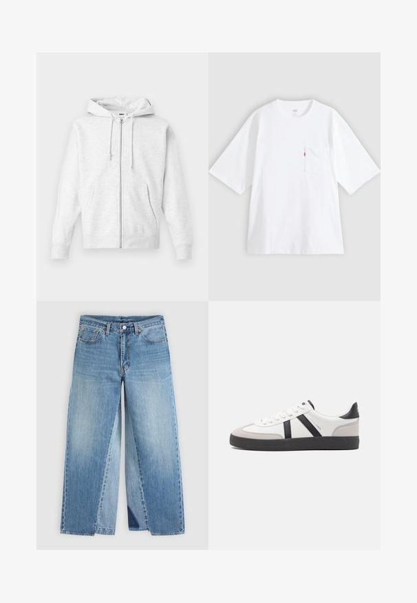 Sudadera con cremallera de color gris claro, fabricada en un tejido suave. Cuenta con capucha con cordón, dos bolsillos frontales y puños acanalados, con un logo sutil en el pecho.; Camiseta blanca de algodón con mangas cortas, cuello redondo y bolsillo en el pecho izquierdo. Presenta una pequeña etiqueta con logo rojo en el bolsillo.; Vaqueros de mezclilla azul con pierna recta, diseño clásico de cinco bolsillos y cierre frontal con botones, mostrados planos sobre un fondo neutro.; Zapatilla blanca con acentos en negro y gris, que presenta una puntera texturizada en gris, suela de goma negra y cordones planos blancos. Diseño limpio, estilo minimalista.