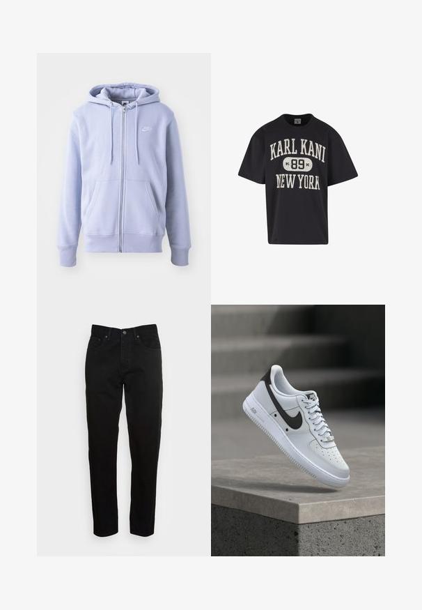 Lysblå zip-hoodie lavet af blødt stof, med en kængurulomme, snørehætte og et lille hvidt logo på brystet.; Sort oversize T-shirt med hvidt print med sprækker, der lyder "KARL KANI 89 NEW YORK" på forsiden.; Sorte slim-fit jeans med frontknaplukning og fem-lomme design, vist mod en enkel lys grå baggrund.; Hvid Nike Air Force 1 sneaker med sort swoosh-logo, svævende over en betonforkant med slørede trapper i baggrunden.