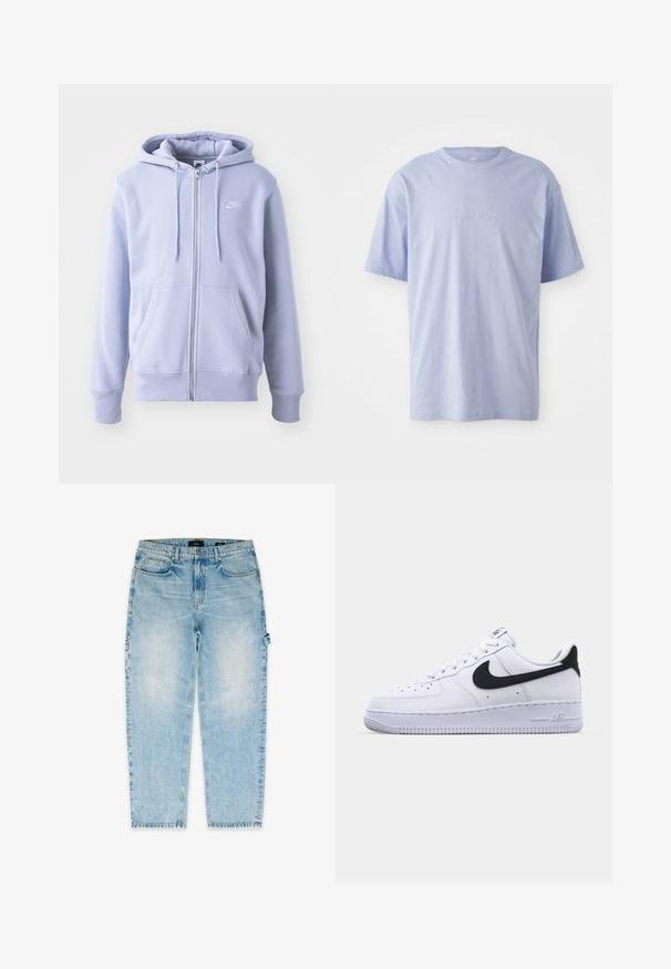 Lysblå zip-hoodie lavet af blødt stof, med en kængurulomme, snørehætte og et lille hvidt logo på brystet.; Lysblå bomulds T-shirt med rund halsudskæring og korte ærmer. Har et præget "nike" logo i midten foran. Blød tekstur.; Lyseblå denimjeans med lige ben, fem lommer, subtil falmning og en løkke på siden for ekstra detalje.; Hvide lædersneakers med en struktureret sort Swoosh, flade snørebånd og en gummisål med et rillemønster. "AIR" er præget på hælen.
