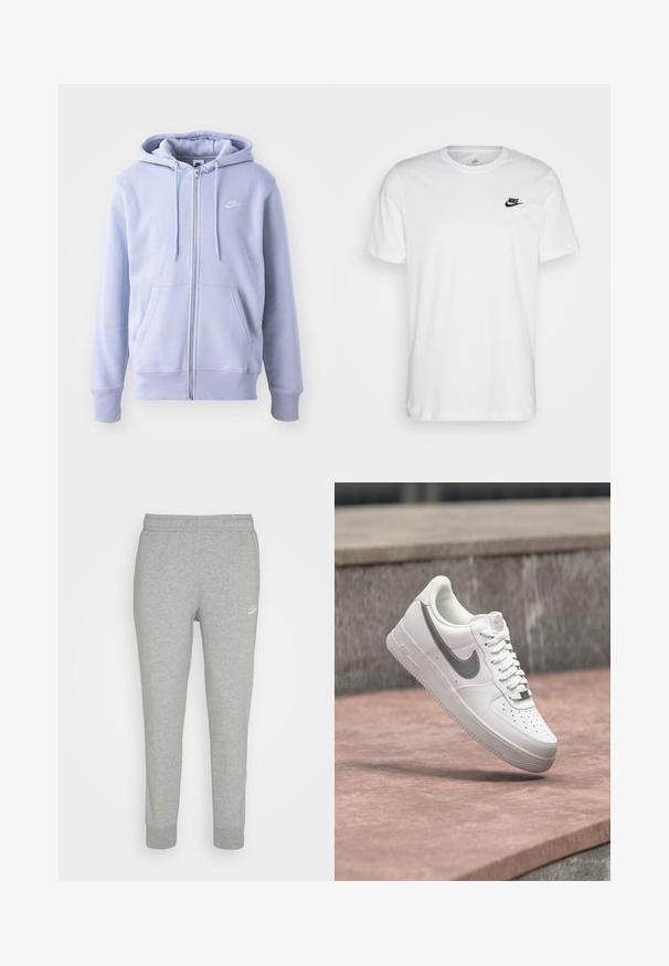 Lysblå zip-hoodie lavet af blødt stof, med en kængurulomme, snørehætte og et lille hvidt logo på brystet.; Hvid bomulds T-shirt med rund hals, korte ærmer og et sort Nike-logo på venstre bryst. Enkel, ensfarvet design.; Grå sweatpants lavet af blødt stof, med tapered ben design, elastisk talje og lille hvid Nike-logo på venstre lår.; Hvid Nike Air Force 1 sneaker med gråt swoosh-logo svævende over en stensurface og en grå stenvæg i baggrunden.