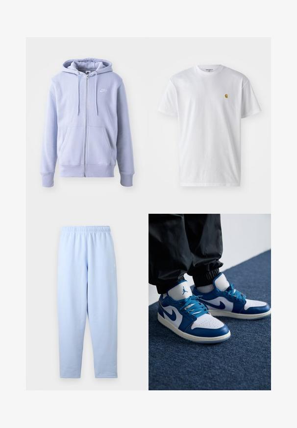 Sudadera con cremallera de color azul claro, hecha de una tela suave, que cuenta con un bolsillo canguro, capucha con cordón y un pequeño logo blanco en el pecho.; Camiseta de algodón blanca con mangas cortas, cuello redondo, que presenta un pequeño logo dorado en la parte izquierda del pecho. Textura suave y corte regular.; Pantalones deportivos rectos de color azul claro con cintura elástica, logo lateral sutil y sin bolsillos ni detalles visibles adicionales.; Las zapatillas Nike Air Jordan cuentan con una base de cuero blanco con acentos sintéticos azules, una caja de dedos perforada y cordones azules.