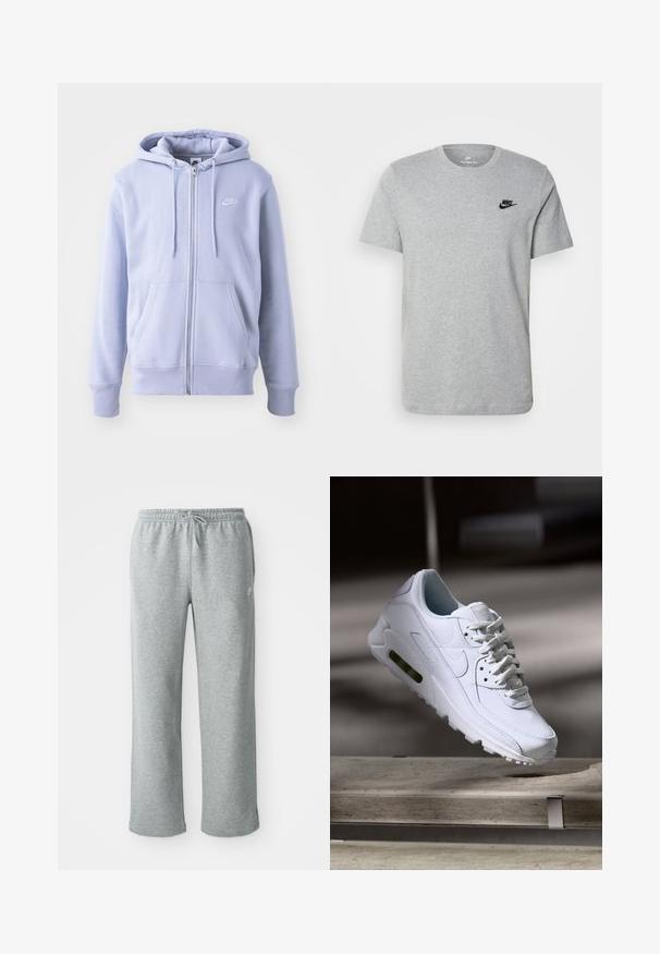 Lysblå zip-hoodie lavet af blødt stof, med en kængurulomme, snørehætte og et lille hvidt logo på brystet.; Grå kortærmet T-shirt i bomuld med et sort Nike-logo på brystet og rund halsudskæring. Minimalistisk design uden mønstre.; Grå bomulds sweatpants med elastisk talje, snorelukning og lige ben. Har et lille logo på den øverste venstre side.; Hvide lædersneakers med teksturerede overflader, polstret krave og synlig luftpolstring i sålen. Har snørrebånd og et minimalistisk design.