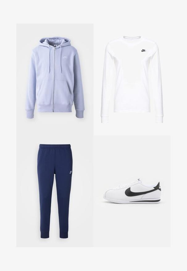 Sudadera con cremallera de color azul claro, hecha de una tela suave, que cuenta con un bolsillo canguro, capucha con cordón y un pequeño logo blanco en el pecho.; Camiseta blanca de manga larga hecha de algodón, con un pequeño logo negro de Nike en el lado izquierdo del pecho y un escote redondeado. Textura suave.; Pantalones de chándal Nike azul marino hechos de una suave mezcla de algodón, con una cintura elástica, piernas ajustadas y un pequeño logotipo blanco en el lateral.; Zapatillas de cuero blanco con el swoosh negro de Nike, cordones planos y suela de goma texturizada. Punta redondeada y cuello acolchado para mayor comodidad.