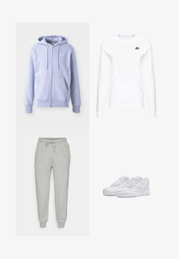 Sudadera con cremallera de color azul claro, hecha de una tela suave, que cuenta con un bolsillo canguro, capucha con cordón y un pequeño logo blanco en el pecho.; Camiseta blanca de manga larga hecha de algodón, con un pequeño logo negro de Nike en el lado izquierdo del pecho y un escote redondeado. Textura suave.; Pantalones jogger de forro polar gris con cintura elástica, cordón ajustable y puños en los bajos. Presentan un pequeño logo blanco en el lado izquierdo.; Zapatillas de cuero blanco con puntera perforada, cordones planos y suela de goma elevada. Presenta un logo de swoosh y detalles de costura mínimos.