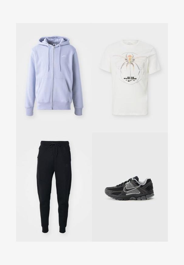 Lichtblauwe ritssluiting hoodie van zacht materiaal, met een kangoeroezak, een capuchon met trekkoord en een klein wit logo op de borst.; Wit Nike T-shirt met een grote, abstracte libelafbeelding en de tekst "Nike Running" boven het Nike-swooshlogo aan de voorkant.; Zwarte joggers van zacht materiaal, met een trekkoord in de taille, taps toegestopte pijpen en zijzakken met een strakke uitstraling.; Zwarte sportschoen met meshpanelen en synthetische accenten. Heeft een afgeronde neus, een dikke, gedempte zool en contrasterende witte logodetails.