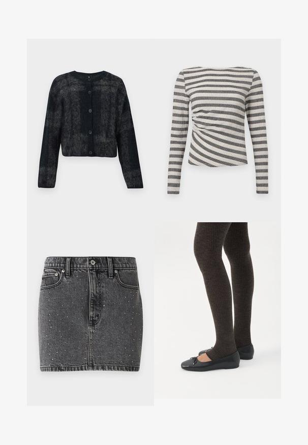 Cardigan flou noir et gris avec un col rond, des manches longues et cinq boutons sur le devant. Texture douce avec un design court.; T-shirt à manches longues avec un motif rayé horizontal noir et blanc, en tissu texturé et avec un détail froncé sur le côté.; Jupe en denim gris foncé avec des ornements en clous argentés. Présente une coupe ajustée, un design classique à cinq poches et des passants de ceinture.; Jambes portant des leggings côtelés foncés associés à des ballerines noires avec de petits détails en nœud sur fond blanc.
