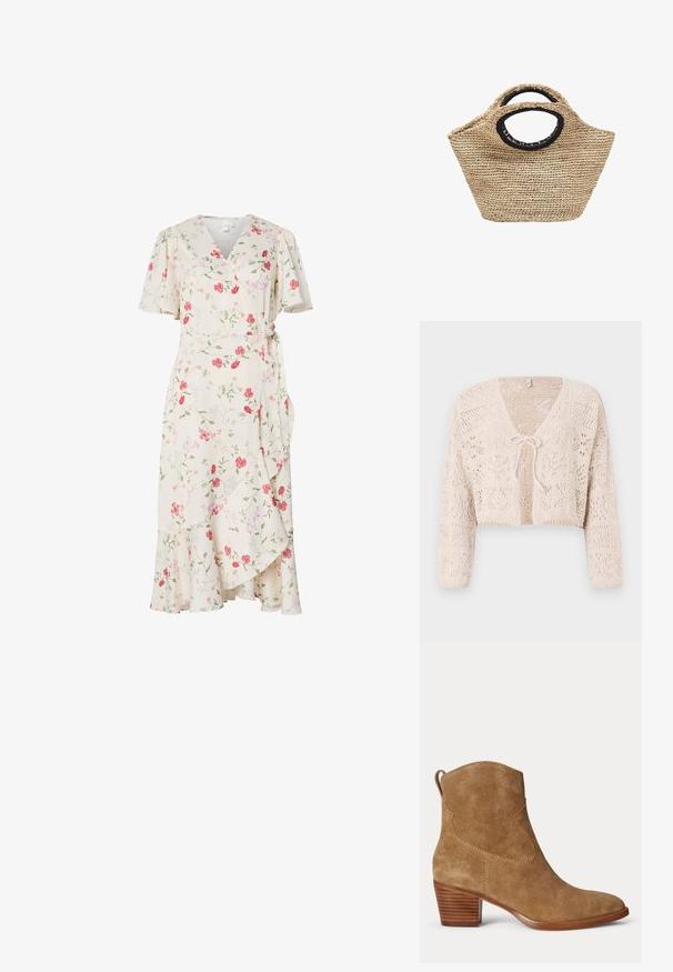 Gehaakt beige cardigan met open voorkant, lange mouwen en een striksluiting. Bevat geometrische patronen en een cropped ontwerp.; Crèmekleurige wikkeljurk met roze en rode bloemenprint, korte volantmouwen, V-halslijn en gerimpelde zoom.; Bruine suède enkellaarzen met lage gestapelde houten hak en een trekkoord aan de achterkant op een effen lichte achtergrond.; Geweven strohandtas met afgeronde, zwart afgewerkte handvatten en een brede, licht trapeziumvormige vorm op een witte achtergrond.
